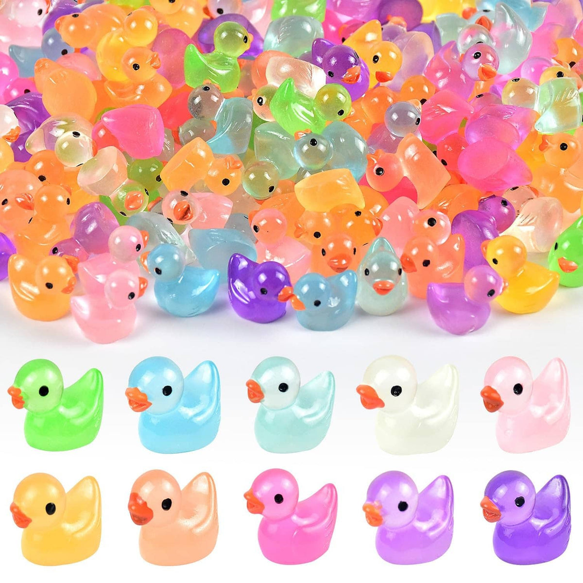 Assorted tiny luminous resin duck figurines in multiple bright colors