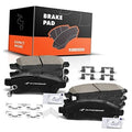Ceramic brake pad set showing front and rear pads, mounting hardware, and shims
