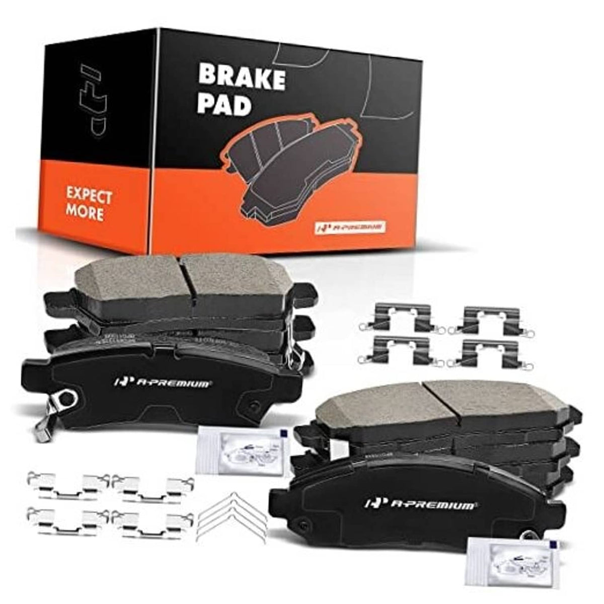 Ceramic brake pad set showing front and rear pads, mounting hardware, and shims