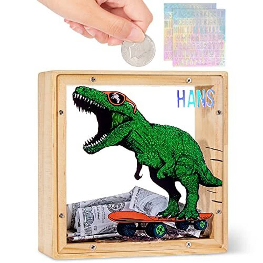Wooden piggy bank with dinosaur graphic, top coin slot, and clear acrylic money window
