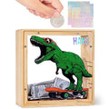 Wooden piggy bank with dinosaur graphic, top coin slot, and clear acrylic money window