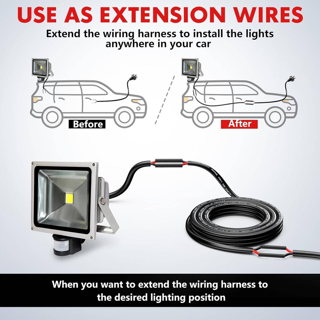 Two-conductor electrical wire extension setup with outdoor light and coiled cable.