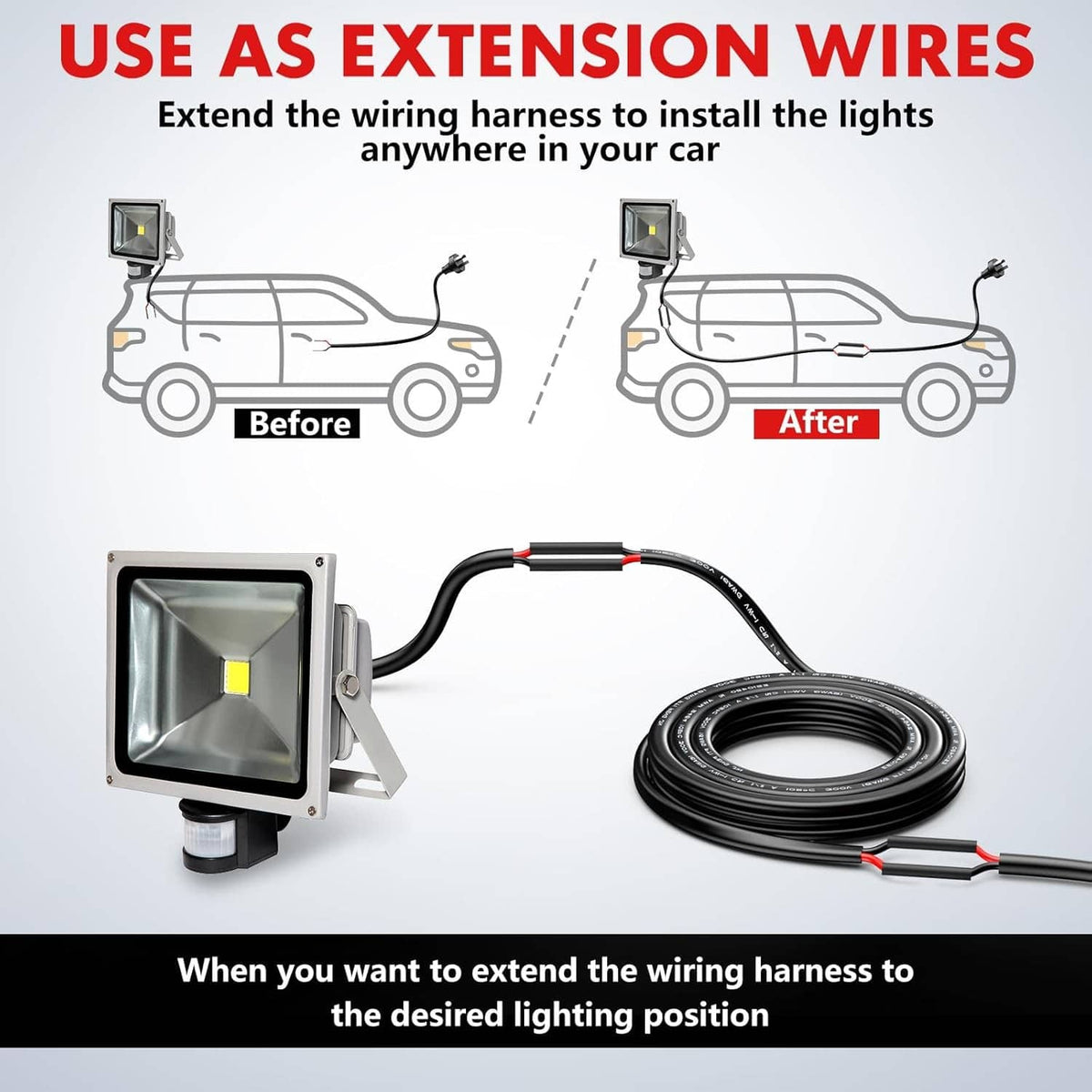 Two-conductor electrical wire extension setup with outdoor light and coiled cable.