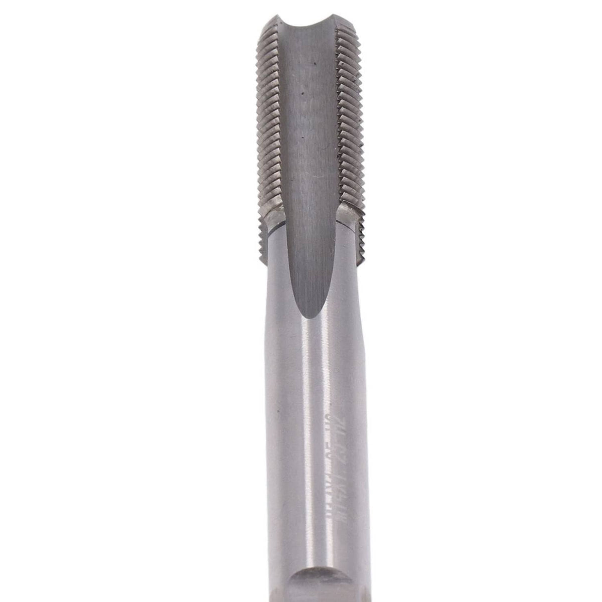 Close-up of tap tool with helical cutting threads and smooth shank