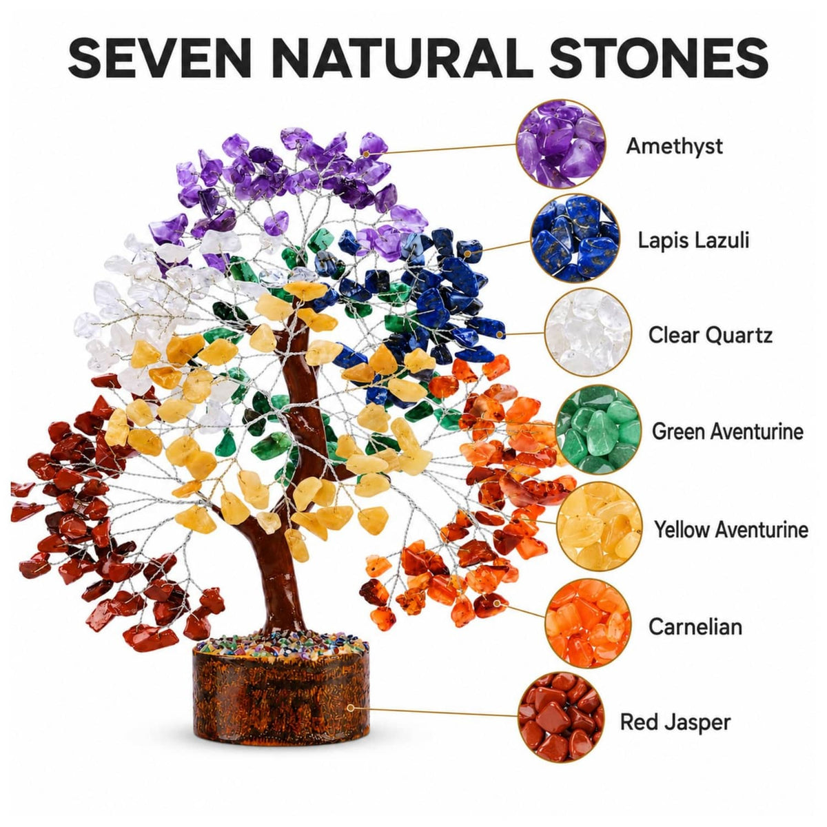 Gemstone chip chakra tree with multicolor branches on a dark wooden base