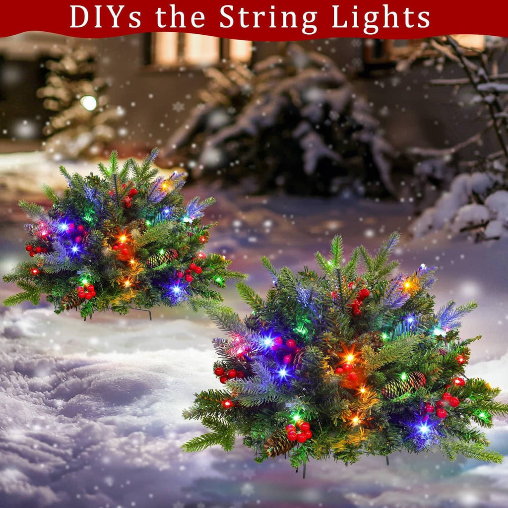 Pre-lit artificial Christmas tree with pinecones, red berries, and colorful LED lights outdoors