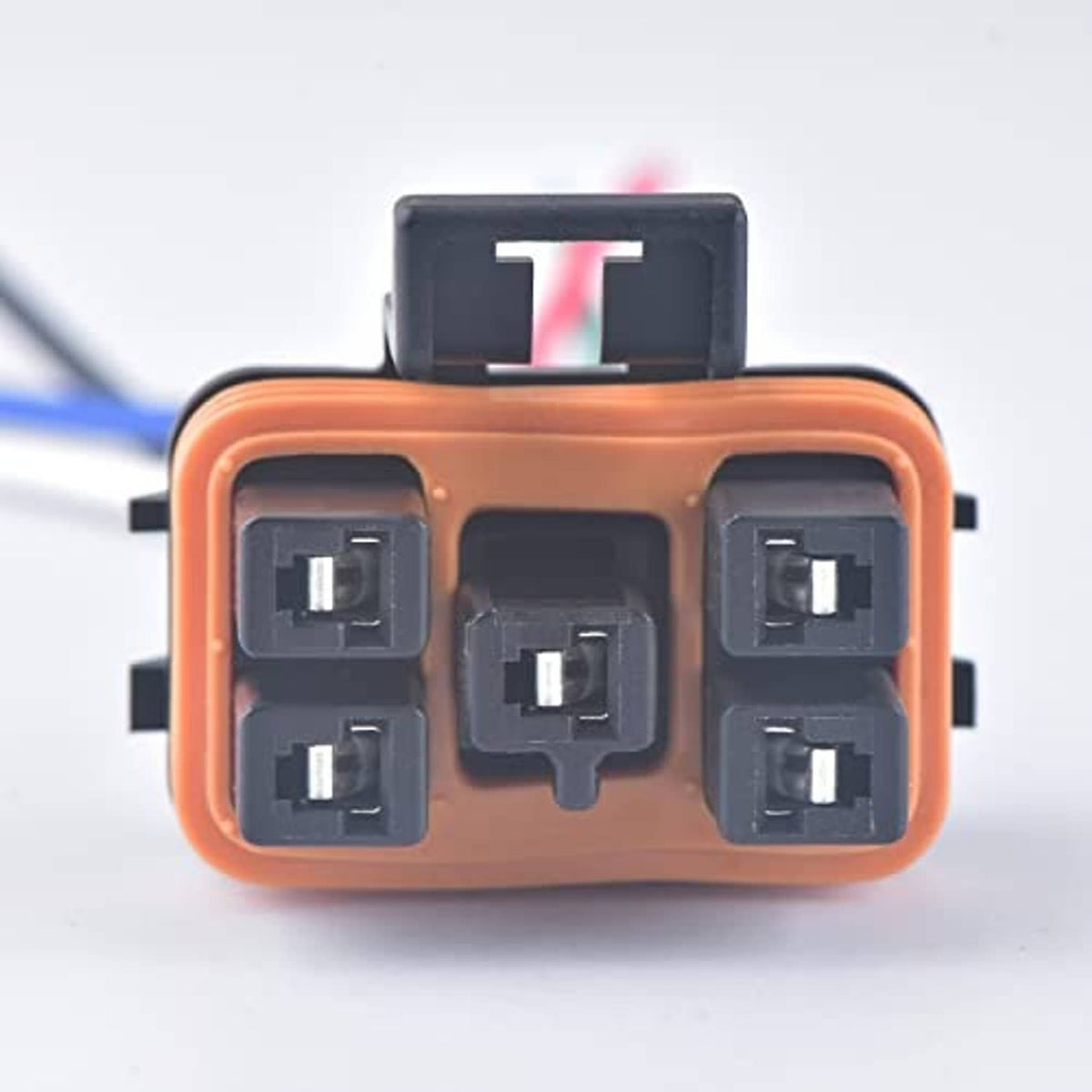 5-pin female waterproof connector plug with orange frame and five black socket openings