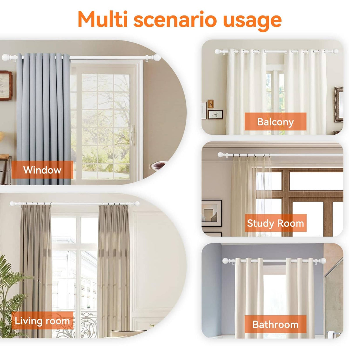 White curtain rod installed above curtains with multiple rings