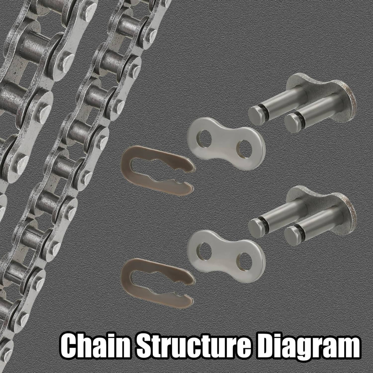 Steel #35 roller chain section with connector plate components