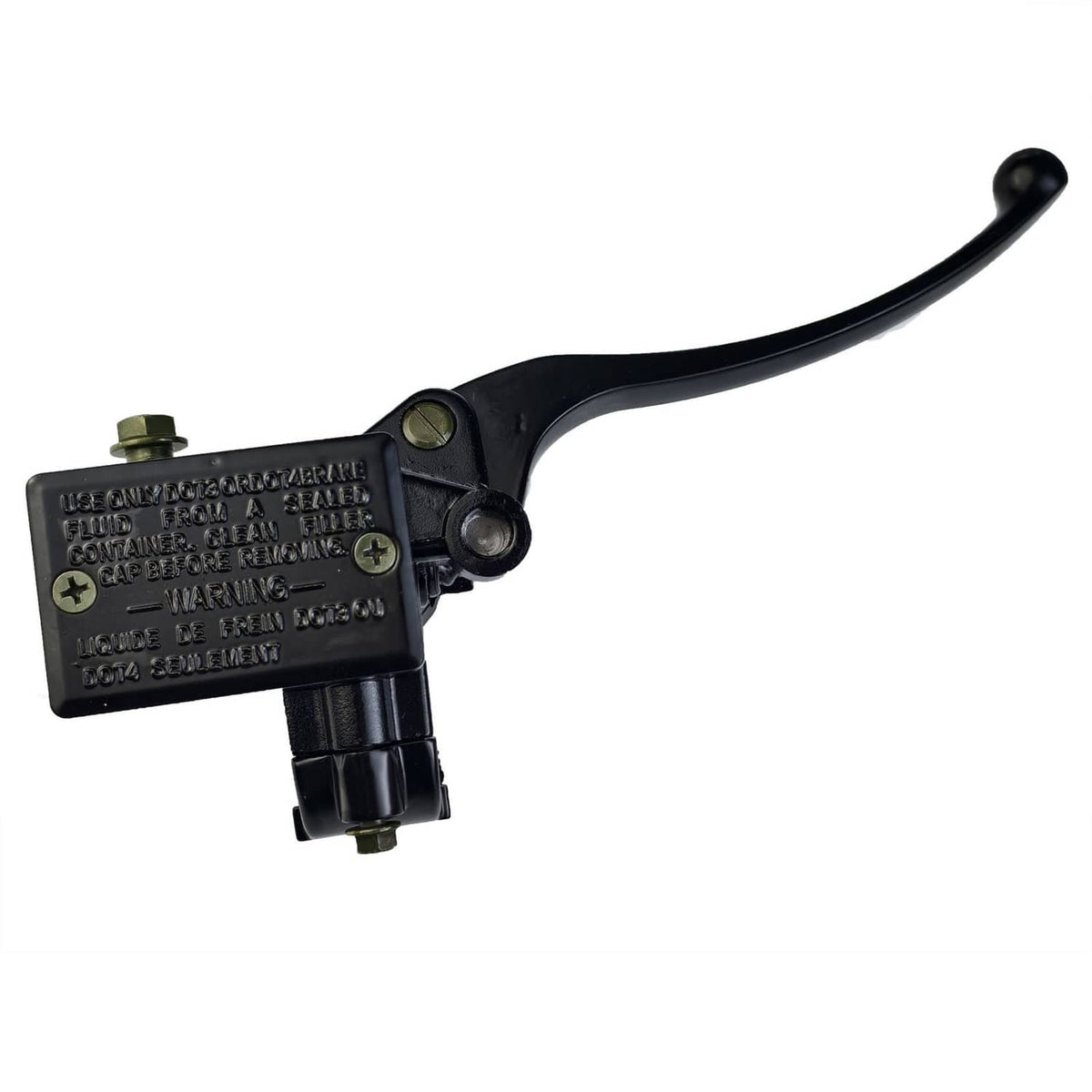 Black brake master cylinder with attached lever and mounting bracket