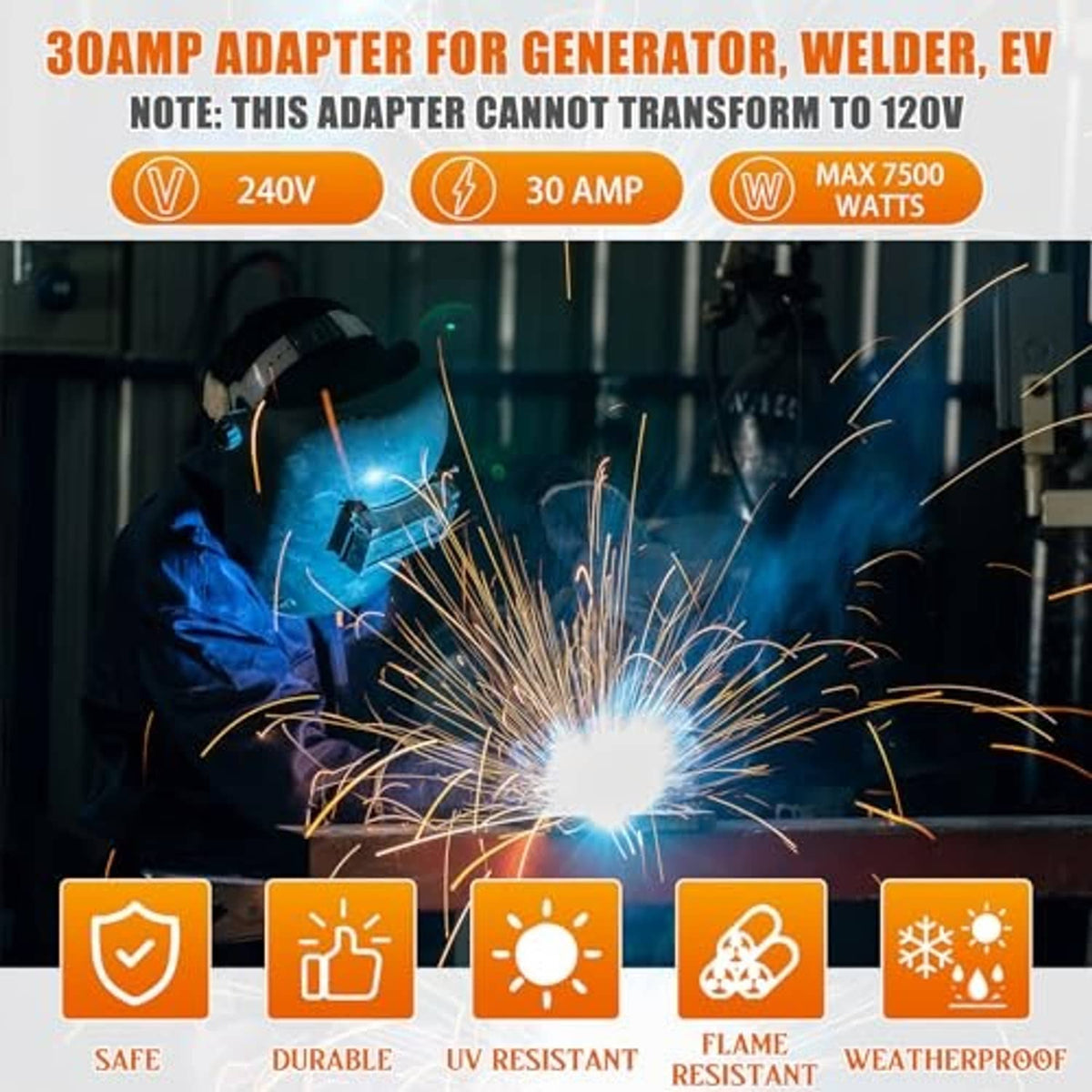 Yellow adapter plug for generator and EV charging, with safety feature icons