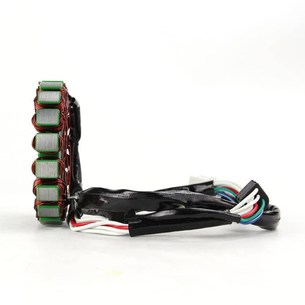 Generator stator side view with coil housing, black wire harness, and multicolor connectors