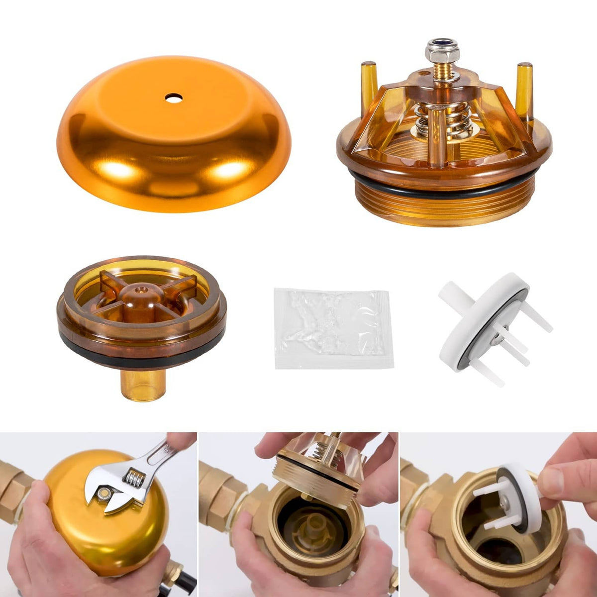 Golden bonnet cap with bronze valve assembly, retainer, and white check insert