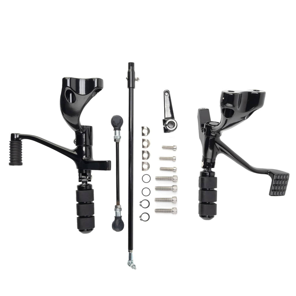 Black forward control lever and linkage kit with pegs, bolts, and hardware