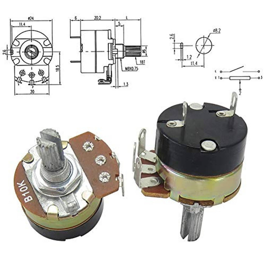 Rotary potentiometers with switch; metal shafts, pin terminals on black and brown bases