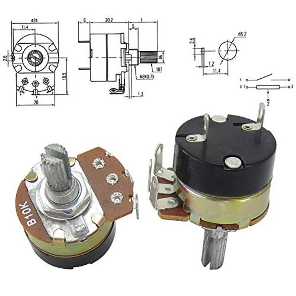 Rotary potentiometers with switch; metal shafts, pin terminals on black and brown bases
