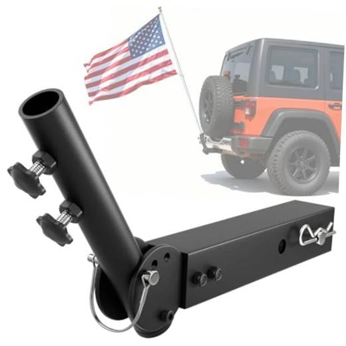 Universal trailer hitch flagpole mount with adjustable angle black steel pole holder