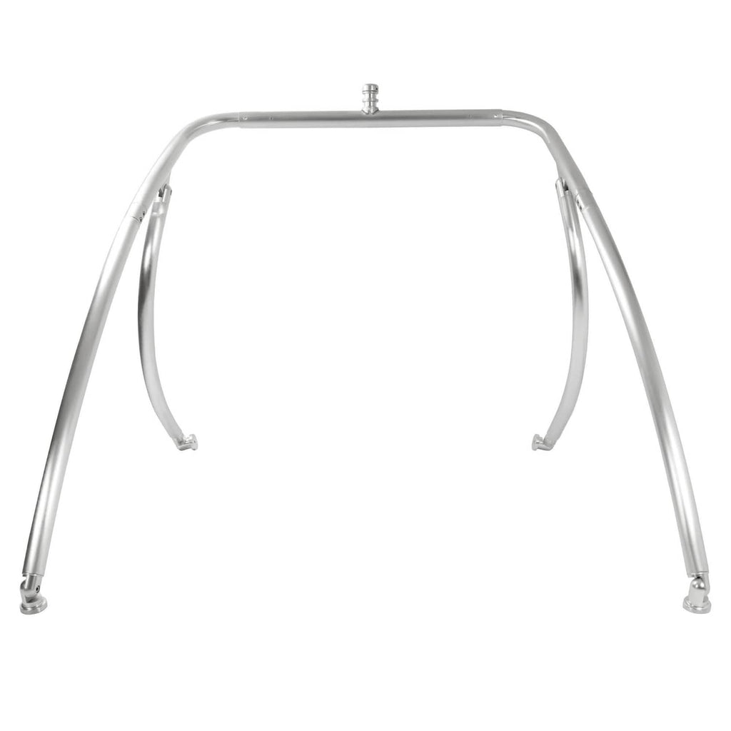 Silver aluminum wakeboard tower U-frame with curved sides and base mounting points