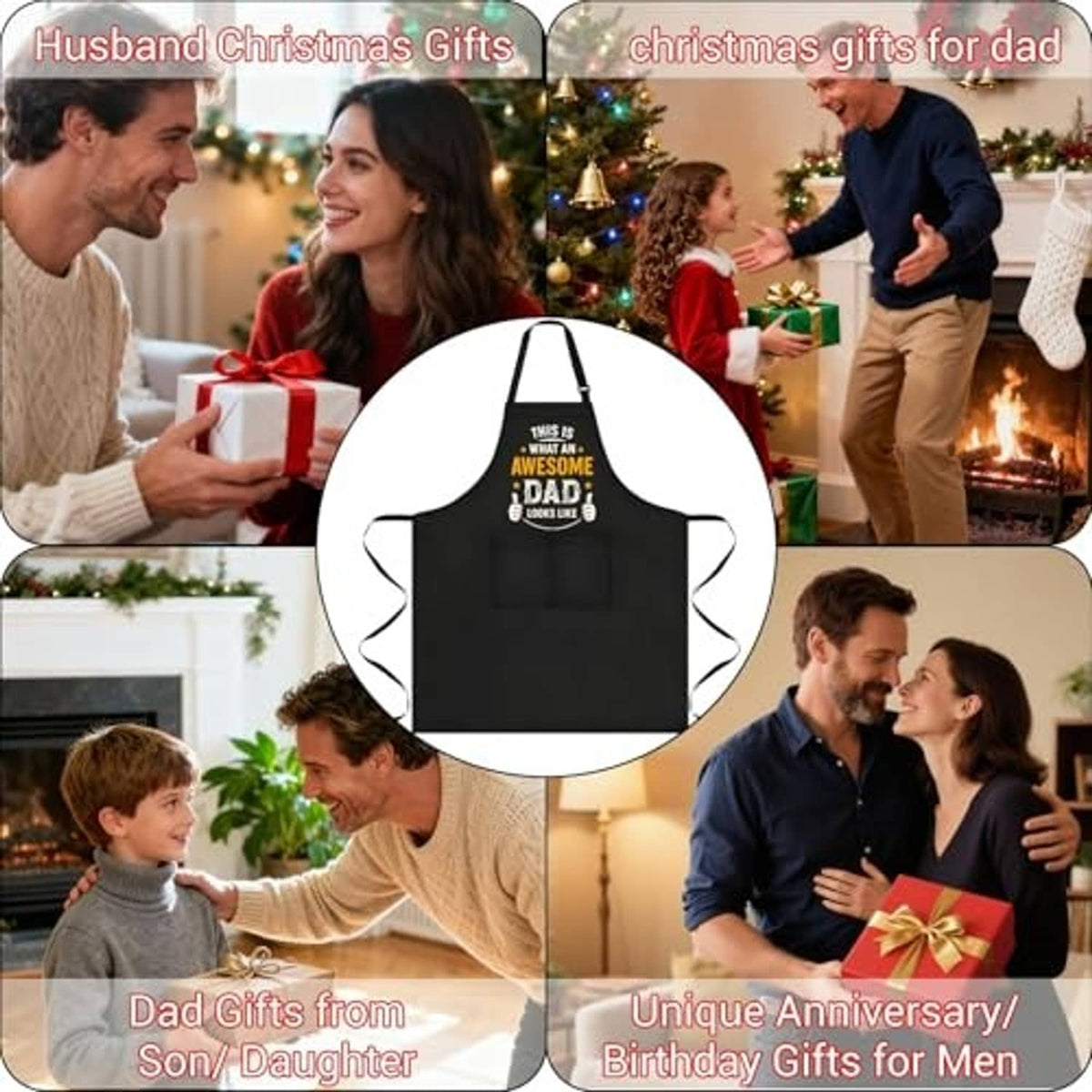 Black “Awesome Dad” apron design shown centered on a gift-style collage