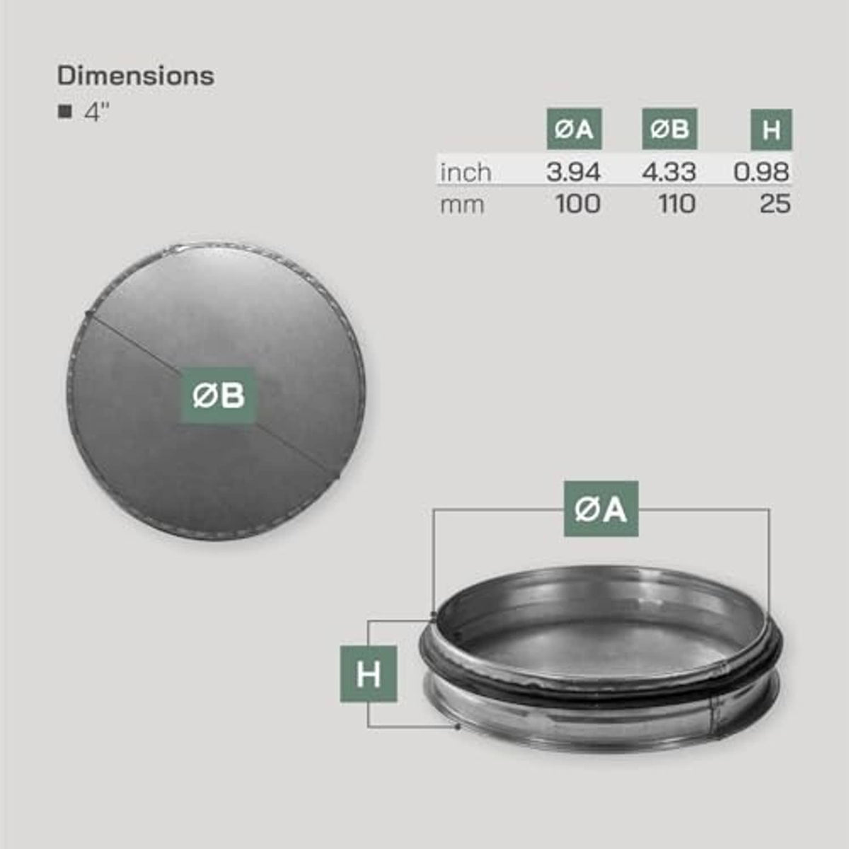 Galvanized steel tee cap end plug with rubber gasket, shown with size diagram