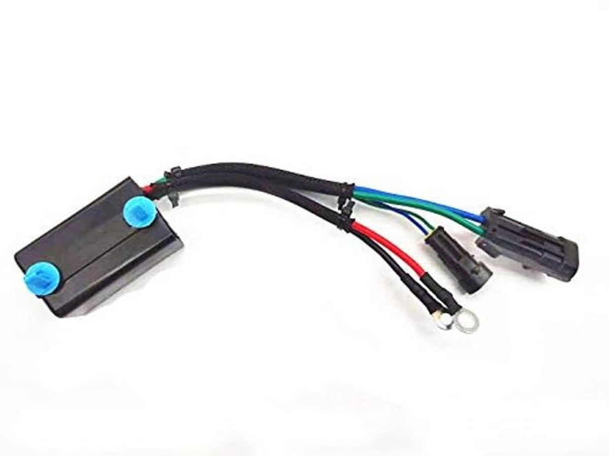 Tilt trim relay harness, black module with blue terminals and multi-wire connector ends