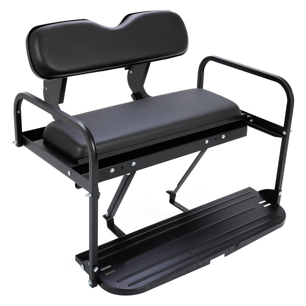 Black rear golf cart seat kit with contoured backrest, seat cushion, and footplate