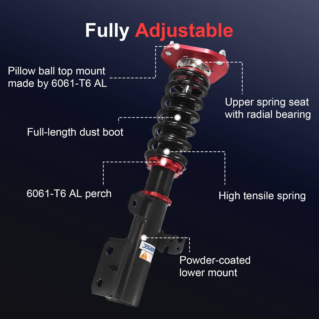 Fully adjustable red coilover strut with black spring, dust boot, and lower mount