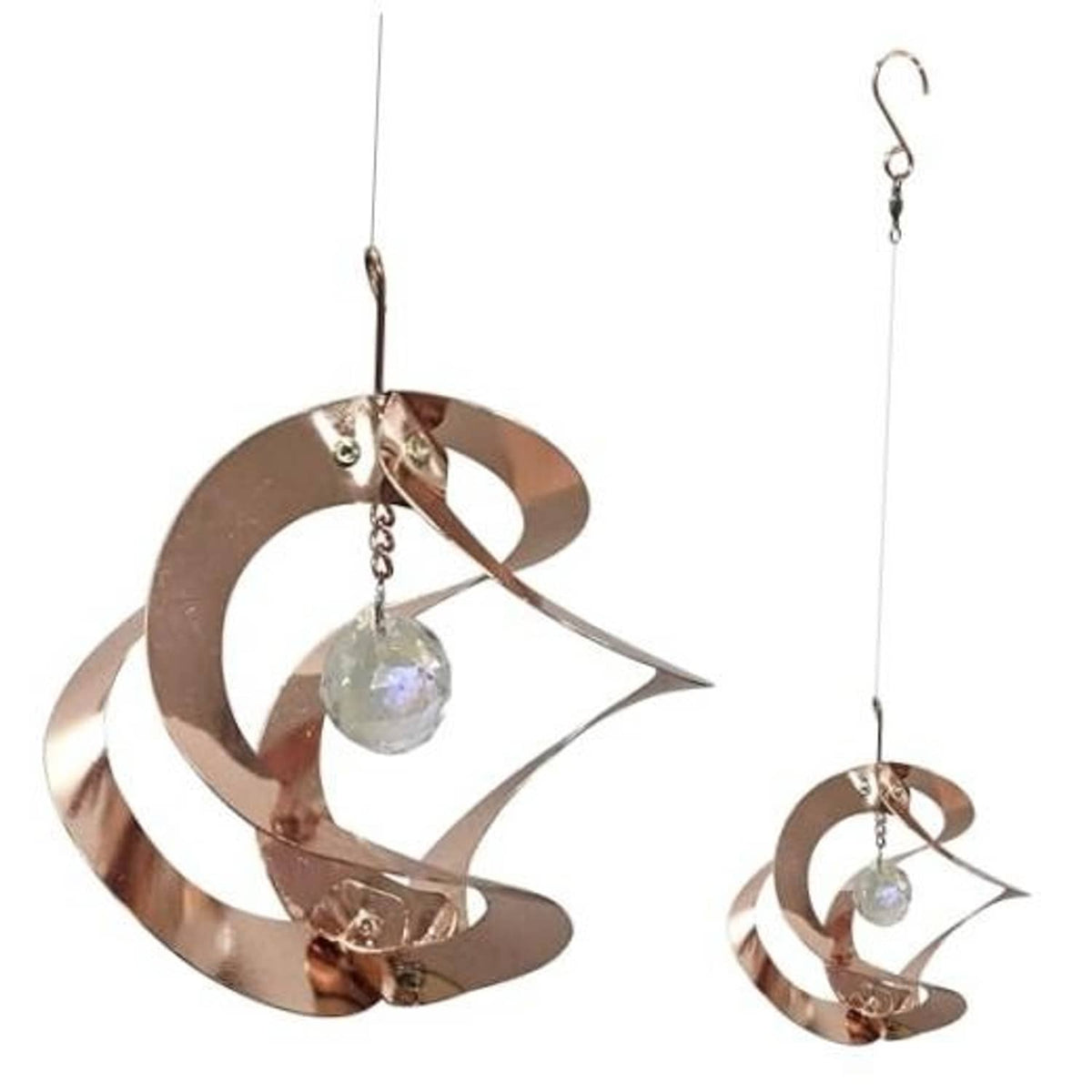 Prismatic copper wind spinner with crescent swirl and hanging crystal globe charm
