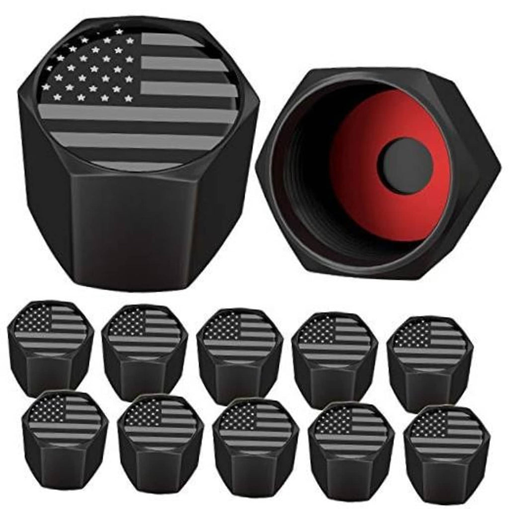 Set of 12 black tire valve stem caps with American flag front graphics