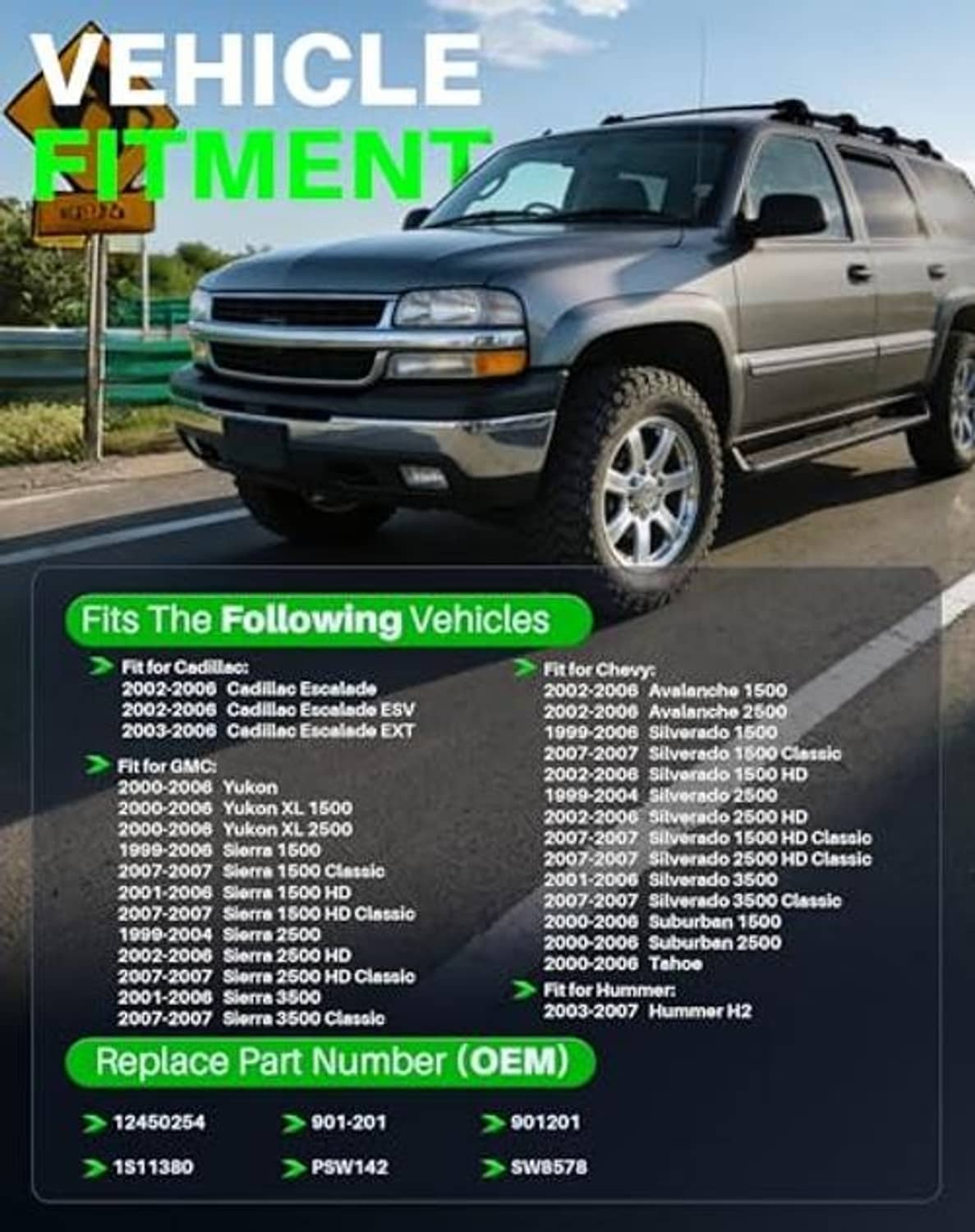 Vehicle fitment compatibility chart graphic for seat power adjust switch