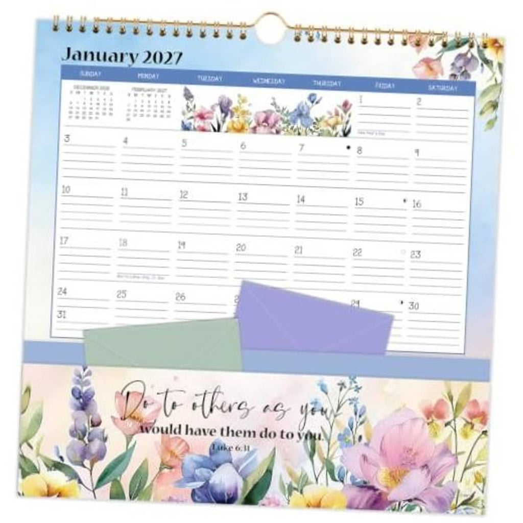 2027 floral wall calendar with monthly grid, spiral binding and hanging loop