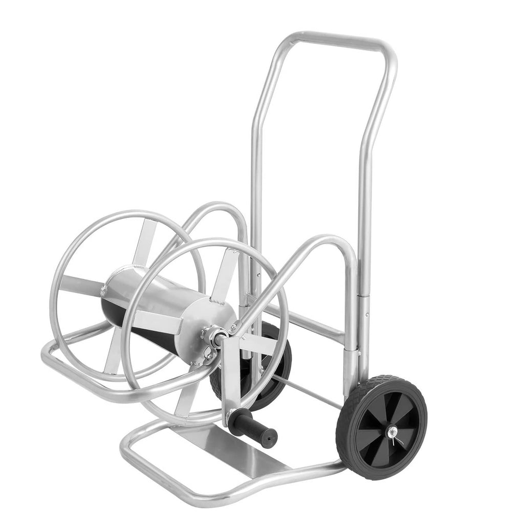 Silver steel hose reel cart with black hose drum, curved base, and two wheels