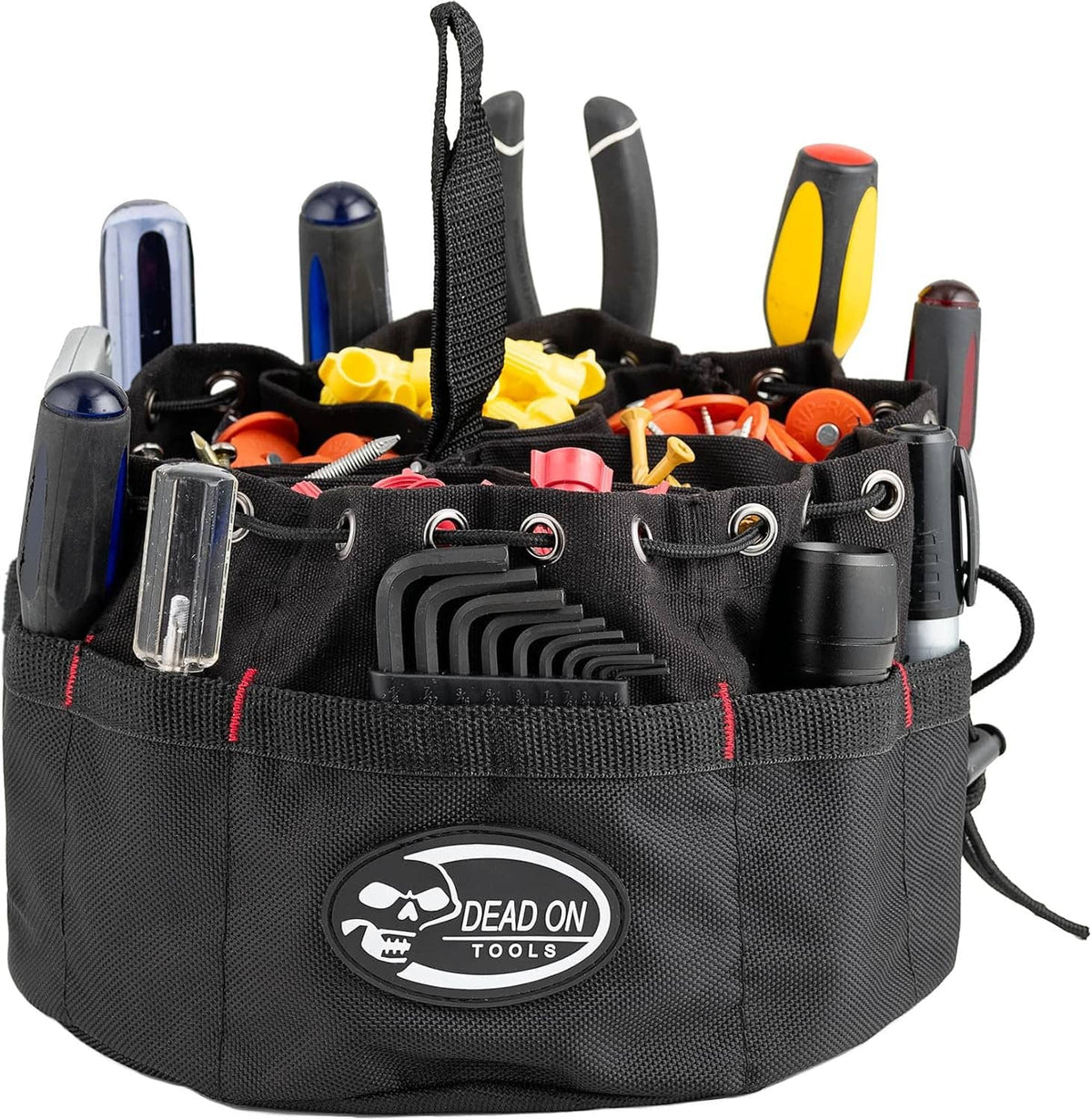 Black parachute bag filled with tools, showing grommeted drawstring loops