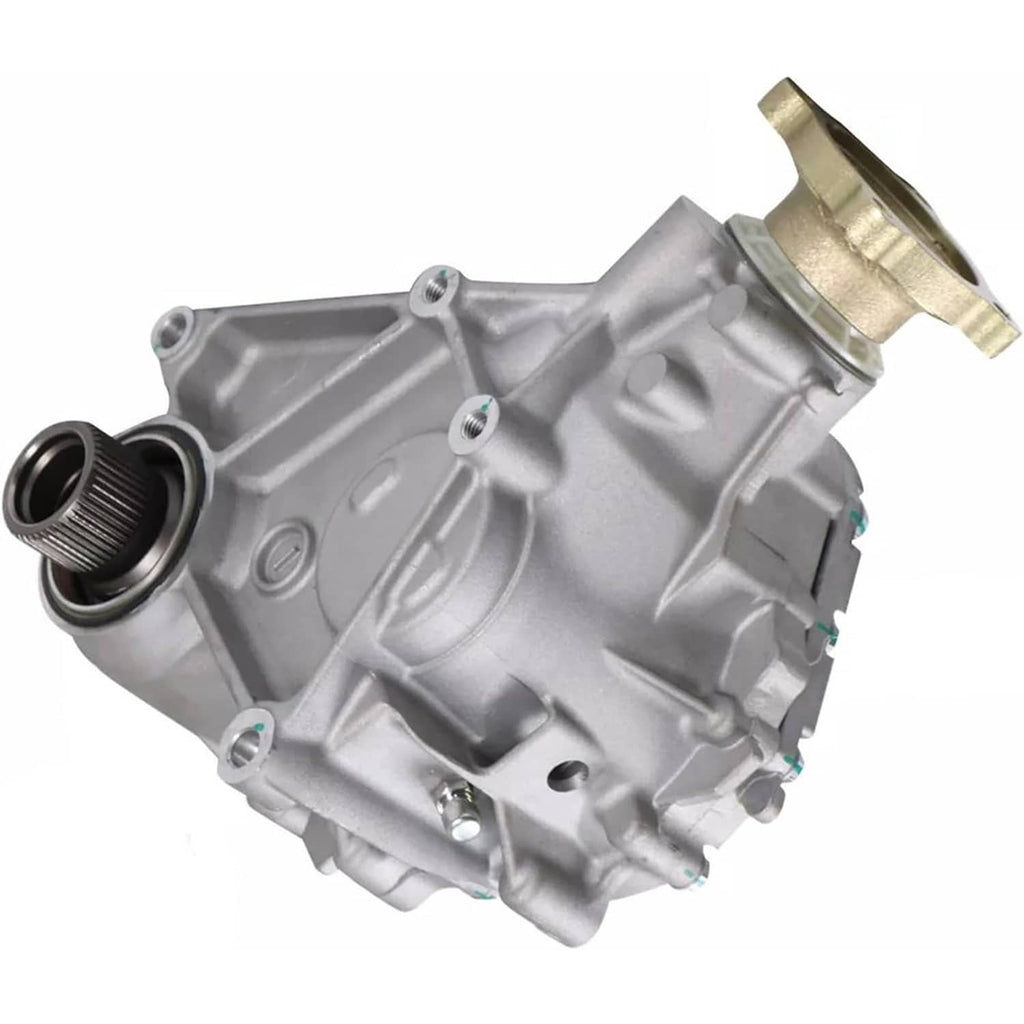 Transfer case assembly with black bearing cartridge and gold oil port on silver housing