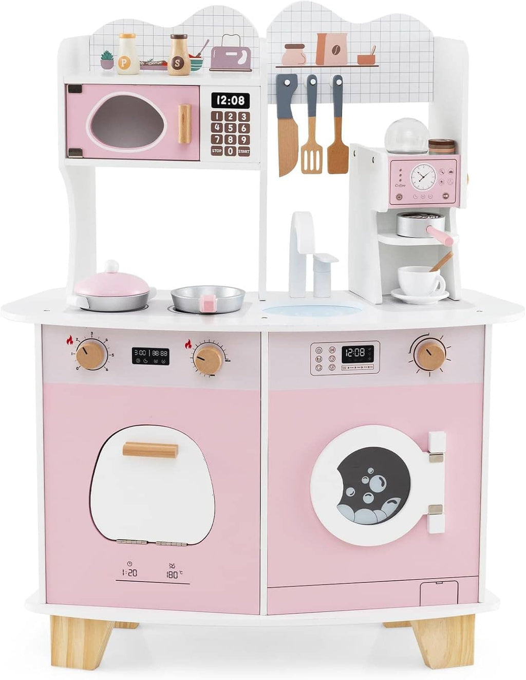 Front view of pink and white wooden play kitchen with sink, stove, coffee maker, and utensils