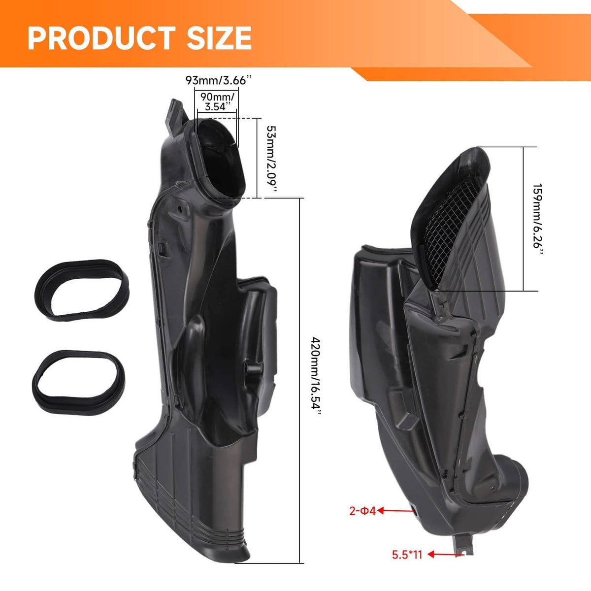 Black ram air intake duct covers and O-ring seals shown with size measurements