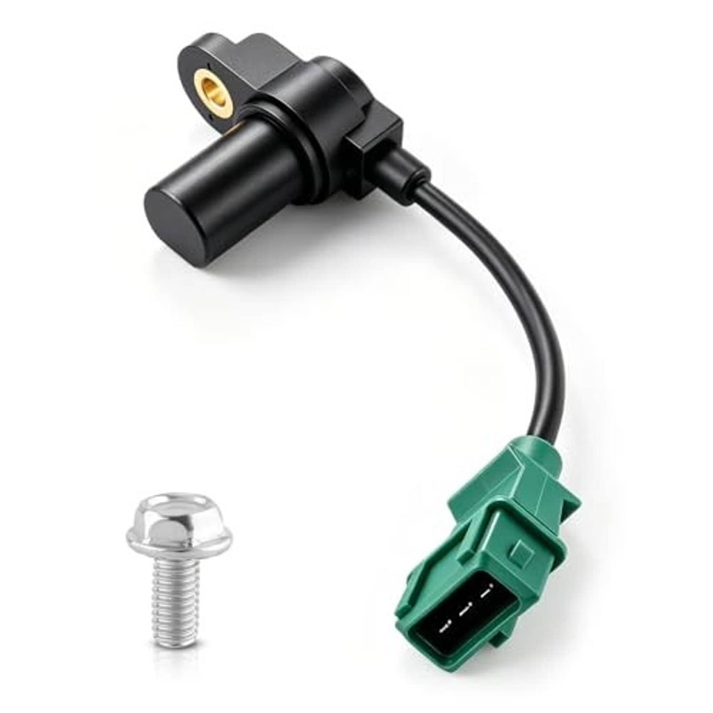 Camshaft position sensor with black housing, green plug, and connecting cable