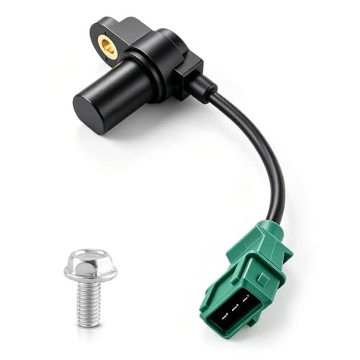 Camshaft position sensor with black housing, green plug, and connecting cable