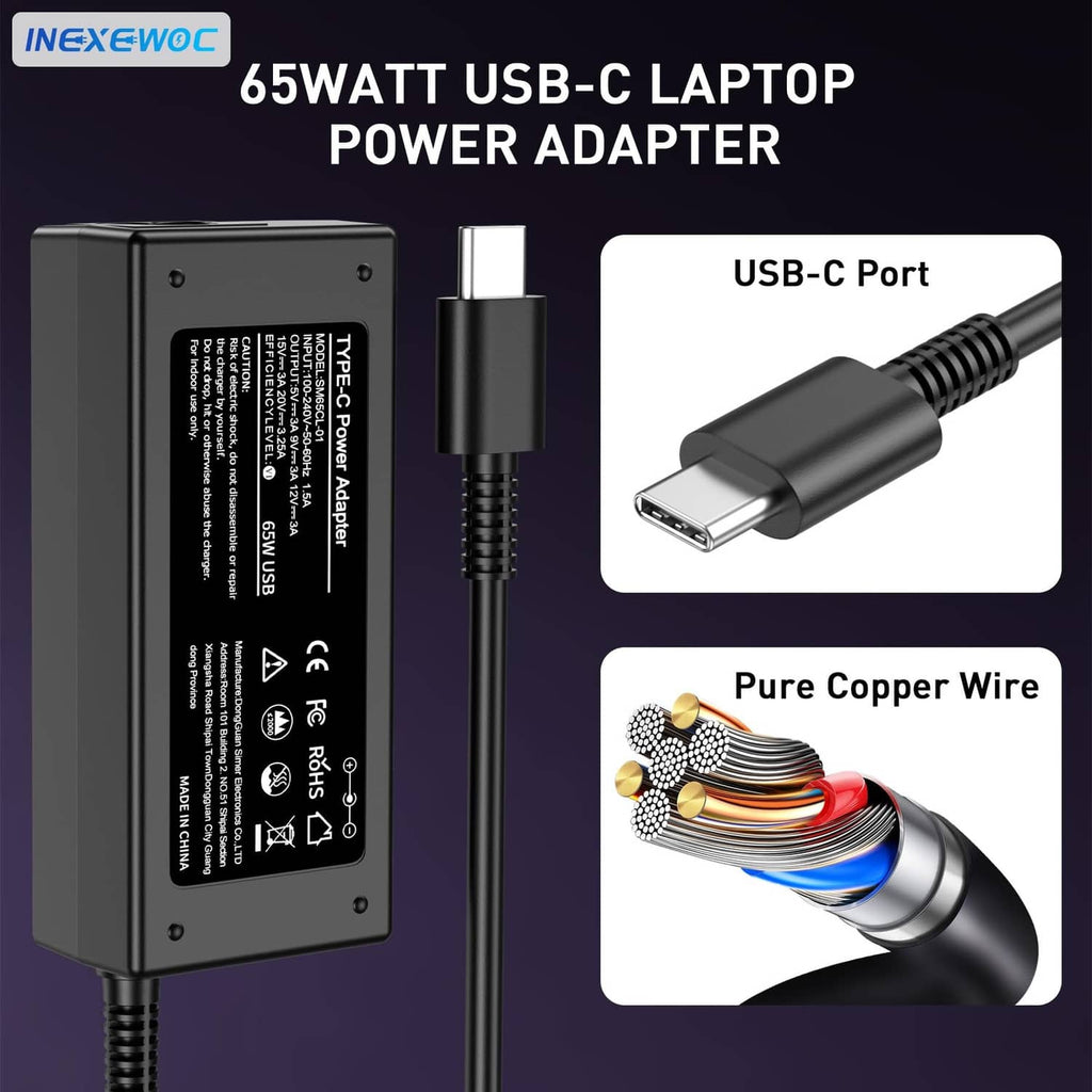 Black 65W USB-C laptop power adapter with USB-C port cable