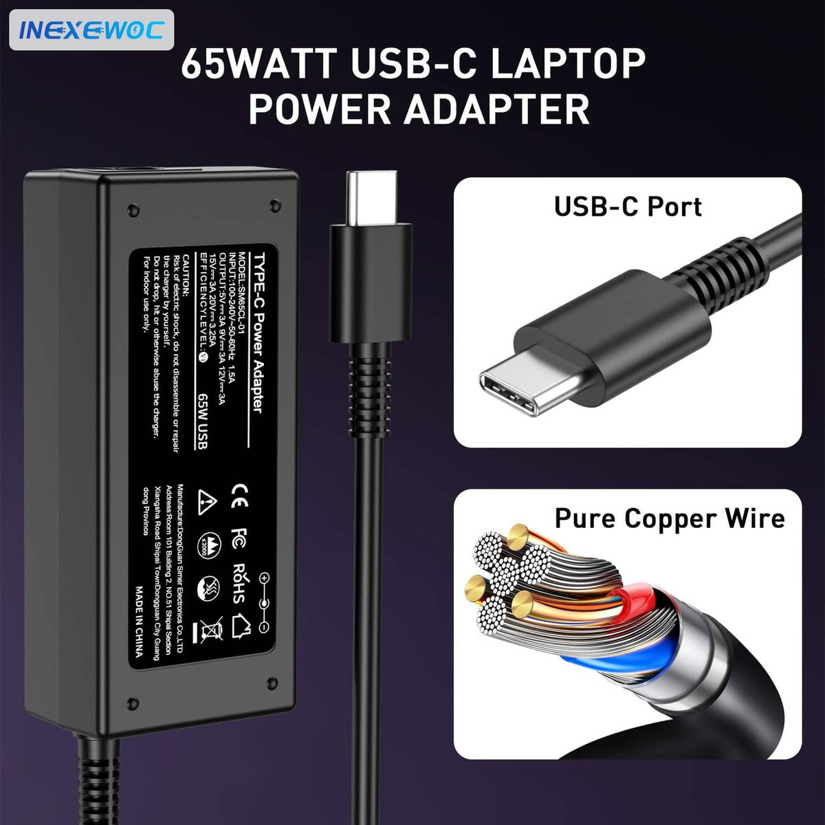 Black 65W USB-C laptop power adapter with USB-C port cable