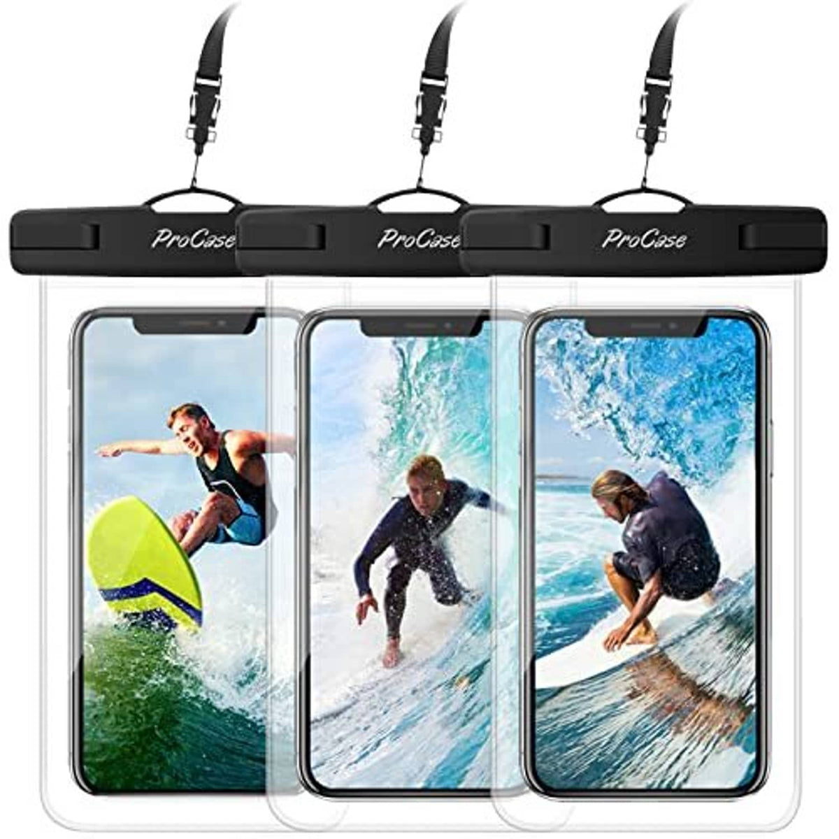 Clear waterproof phone dry bag with black carry strap and three sealed phone sleeves