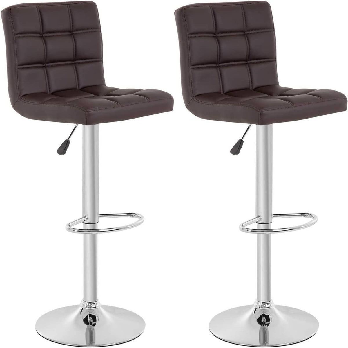 Set of 2 counter-height bar stools, dark brown tufted PU seats, chrome pedestal and footrest