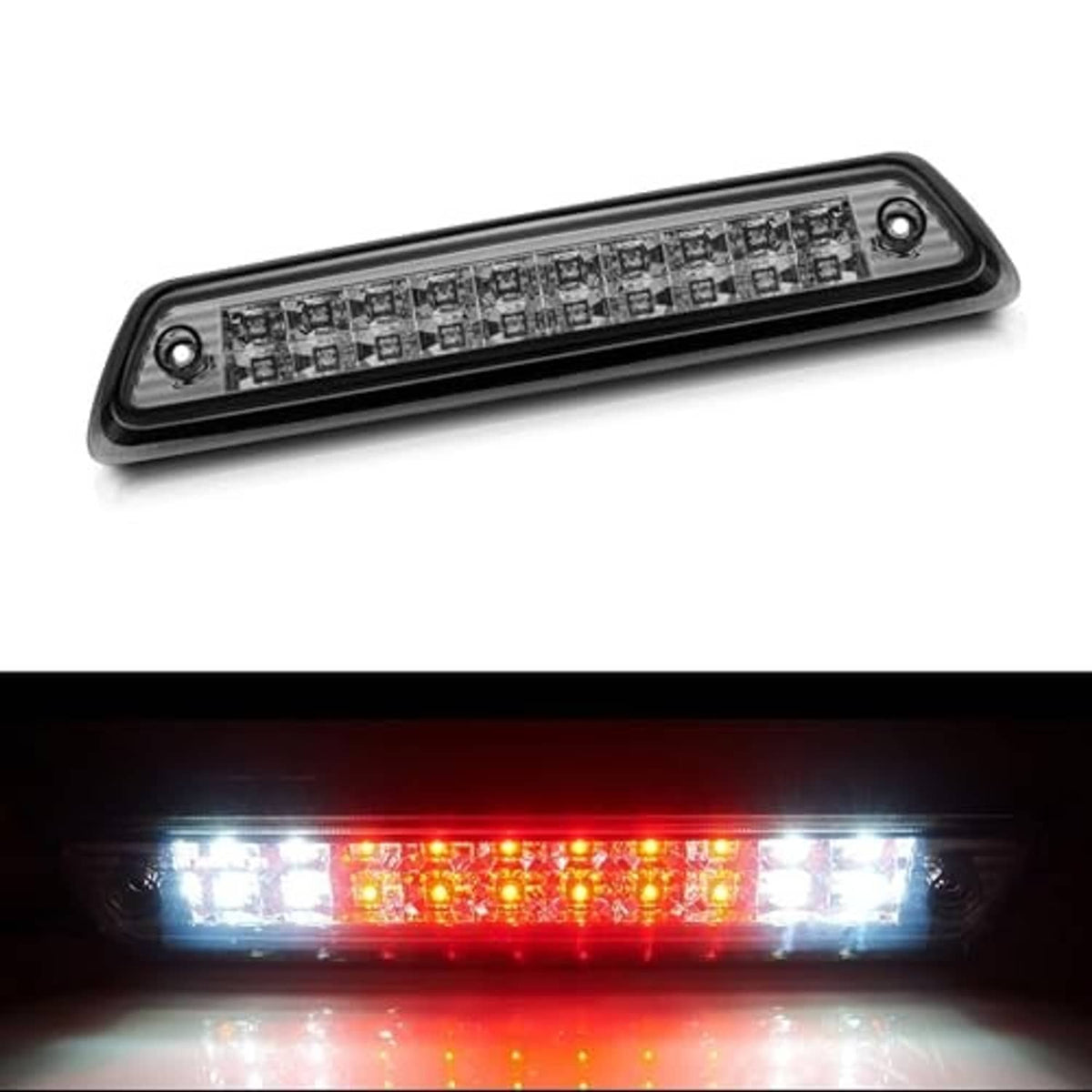 Rectangular LED brake light illuminated with bright white and red LED segments