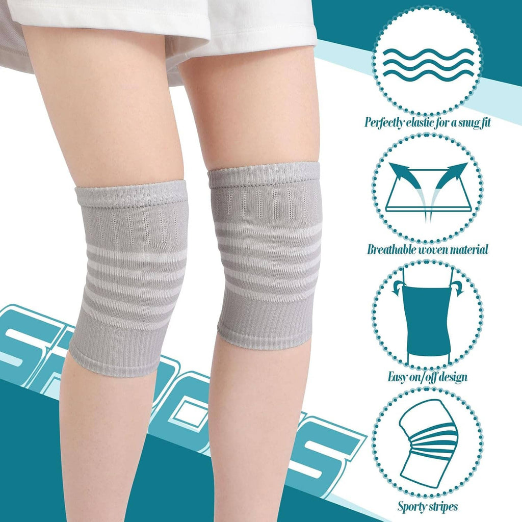 Gray striped knee warmers sleeves, ribbed knit with soft cuff edge.