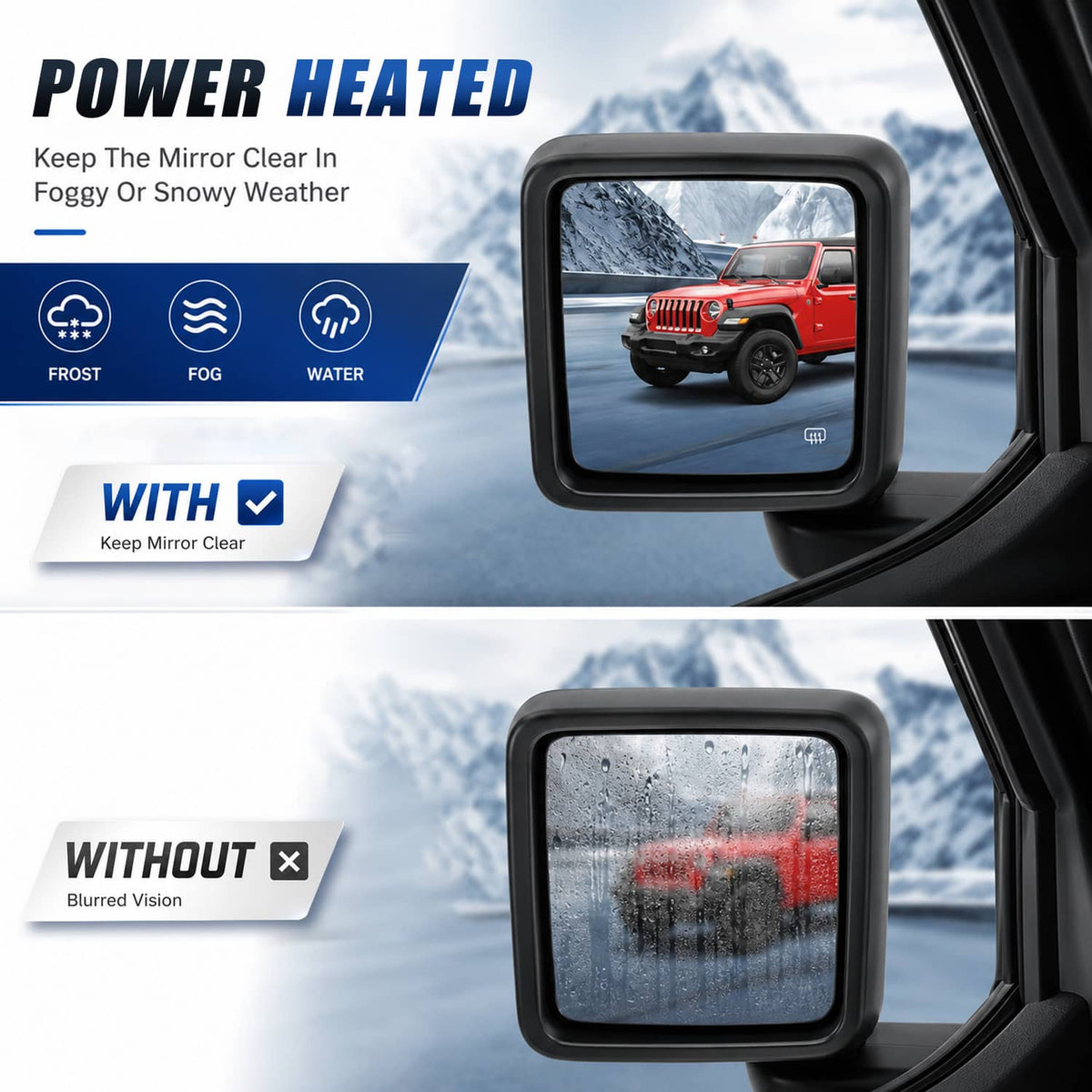 Black power heated side mirror with square glass in frosty, wet conditions