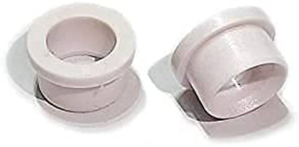 Two light gray rubber bushings with black inner rings, pair view