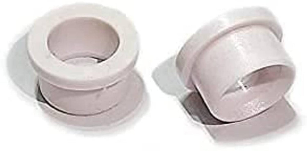 Two light gray rubber bushings with black inner rings, pair view