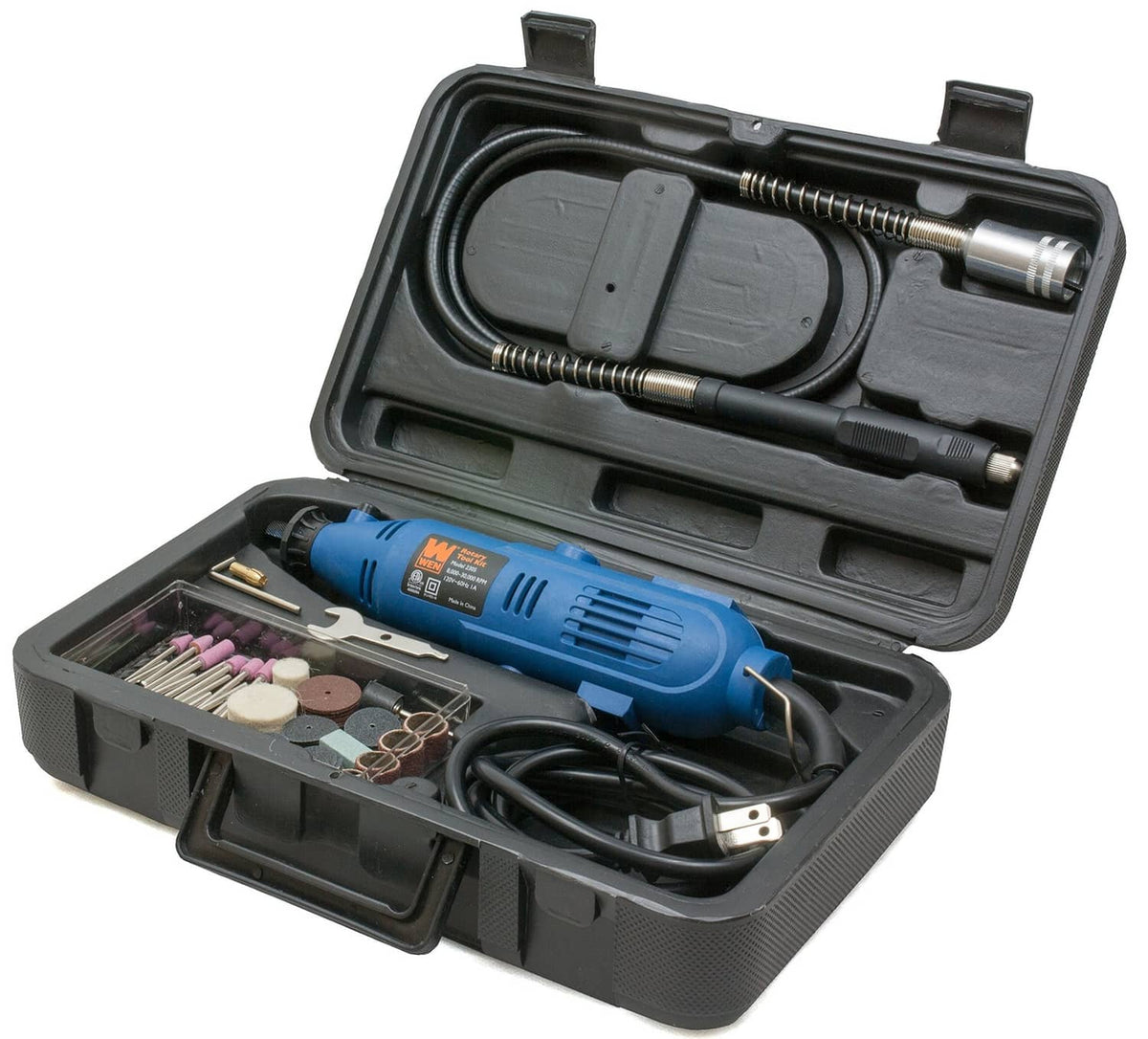 Rotary tool kit in open case with blue tool, flex shaft, sanding bits