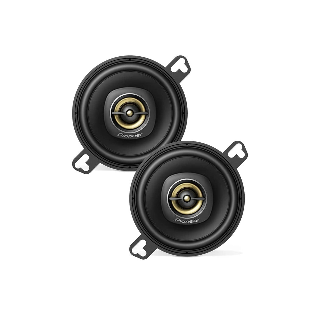 Pair of black car 2-way speakers with gold tweeter and woofer cones