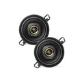 Pair of black car 2-way speakers with gold tweeter and woofer cones